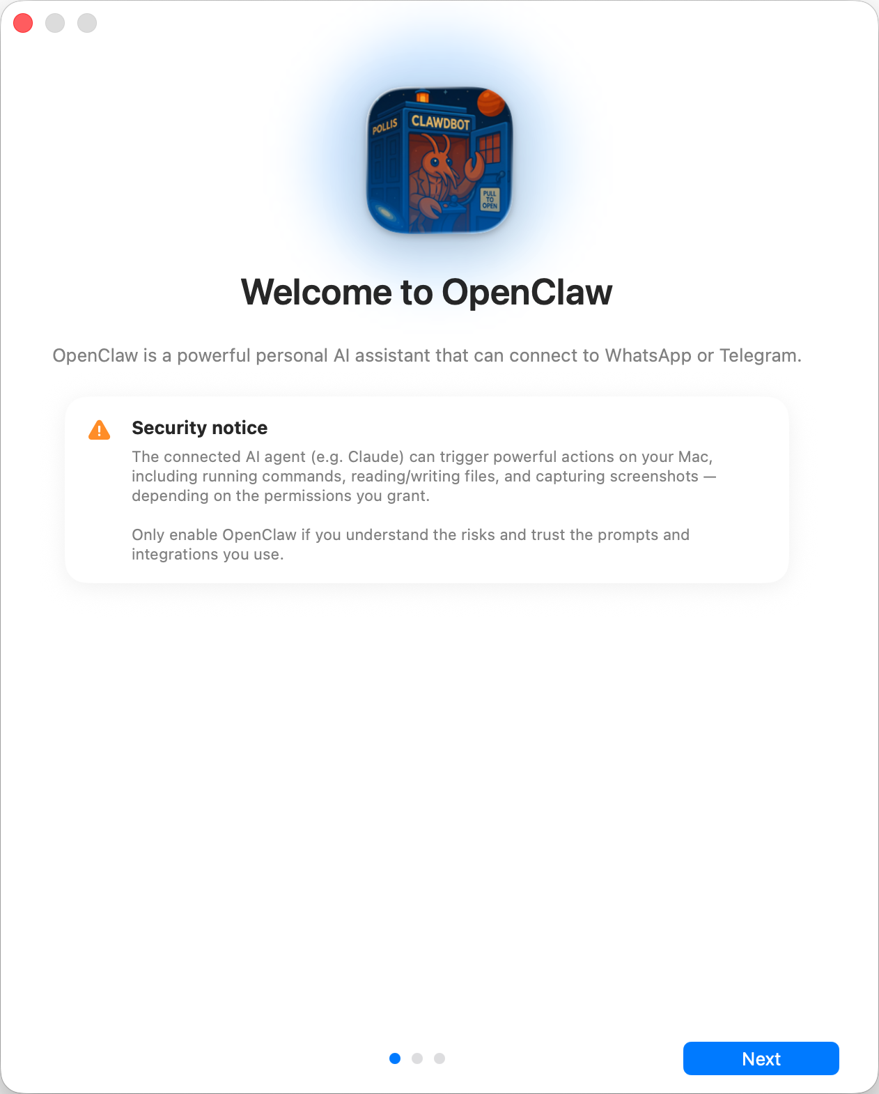 Apus welcome screen with the security notice